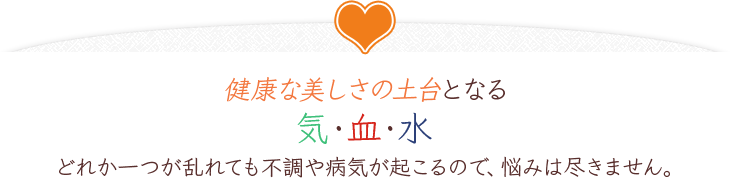 健康な美しさの土台となる気・血・水　どれか一つが乱れても不調や病気が起こるので、悩みは尽きません。