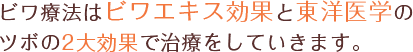 ビワ療法はビワエキス効果と東洋医学のツボの2大効果で治療をしていきます。