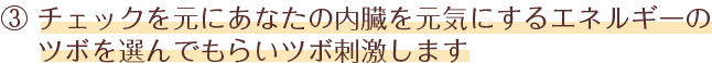 チェックを元にあなたの内臓を元気にするエネルギーのツボを選んでもらいツボ刺激します